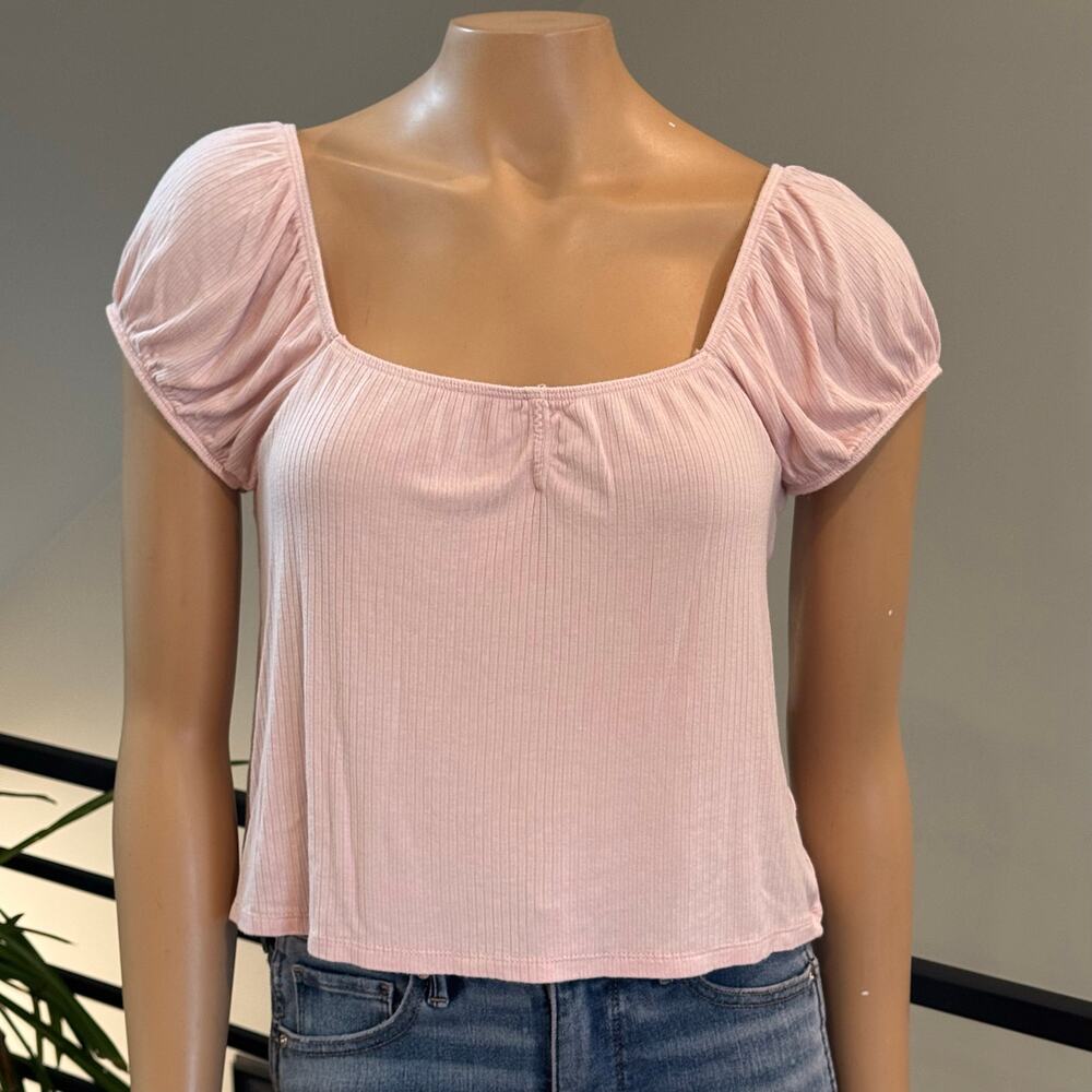 Francesca's Light Pink Square Neck Puff Sleeve Ribbed Crop Top Large Cottagecore